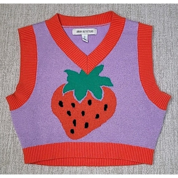 Urban Outfitters Sweaters - Urban Outfitters Women's S P Strawberry Sweater Vest Cropped V-Neck Purple Red